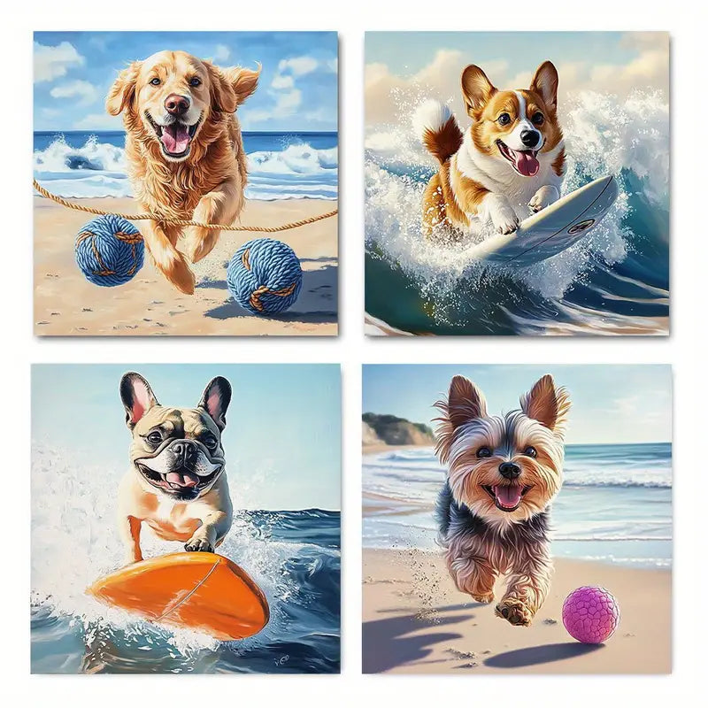 4pcs  Funny Dogs At Beach Surfing & Playing Wall Art Canvas Framed