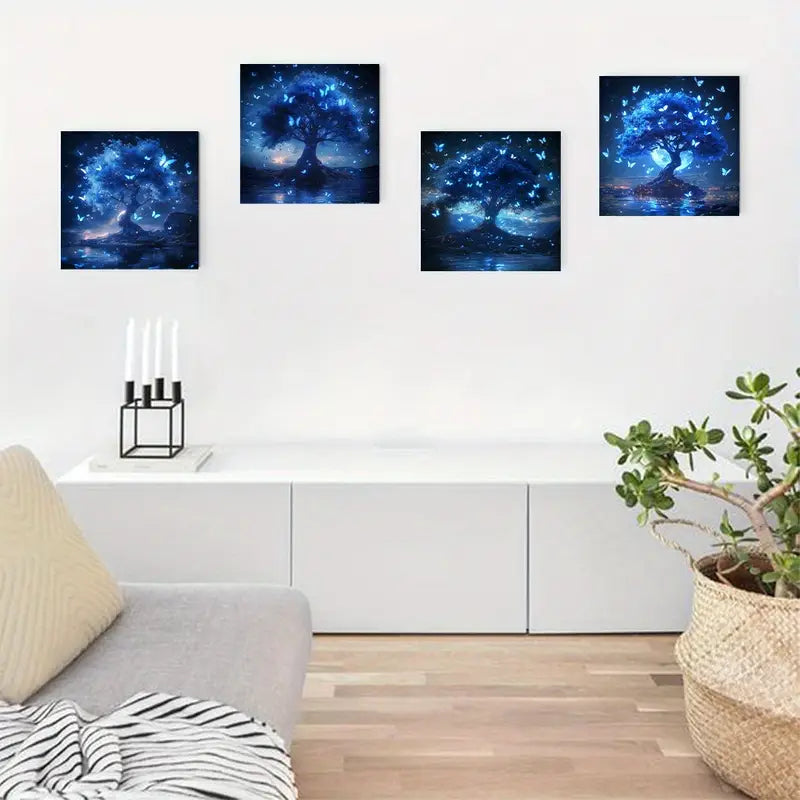 4pcs  Enchanting Blue Butterfly & Tree  ER    Wall Art Canvas Framed