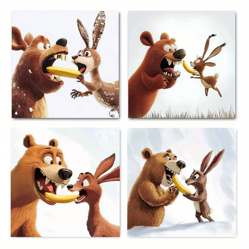 4pcs Brown Bear & Wood Deer Fashion  Wall Art Canvas Framed