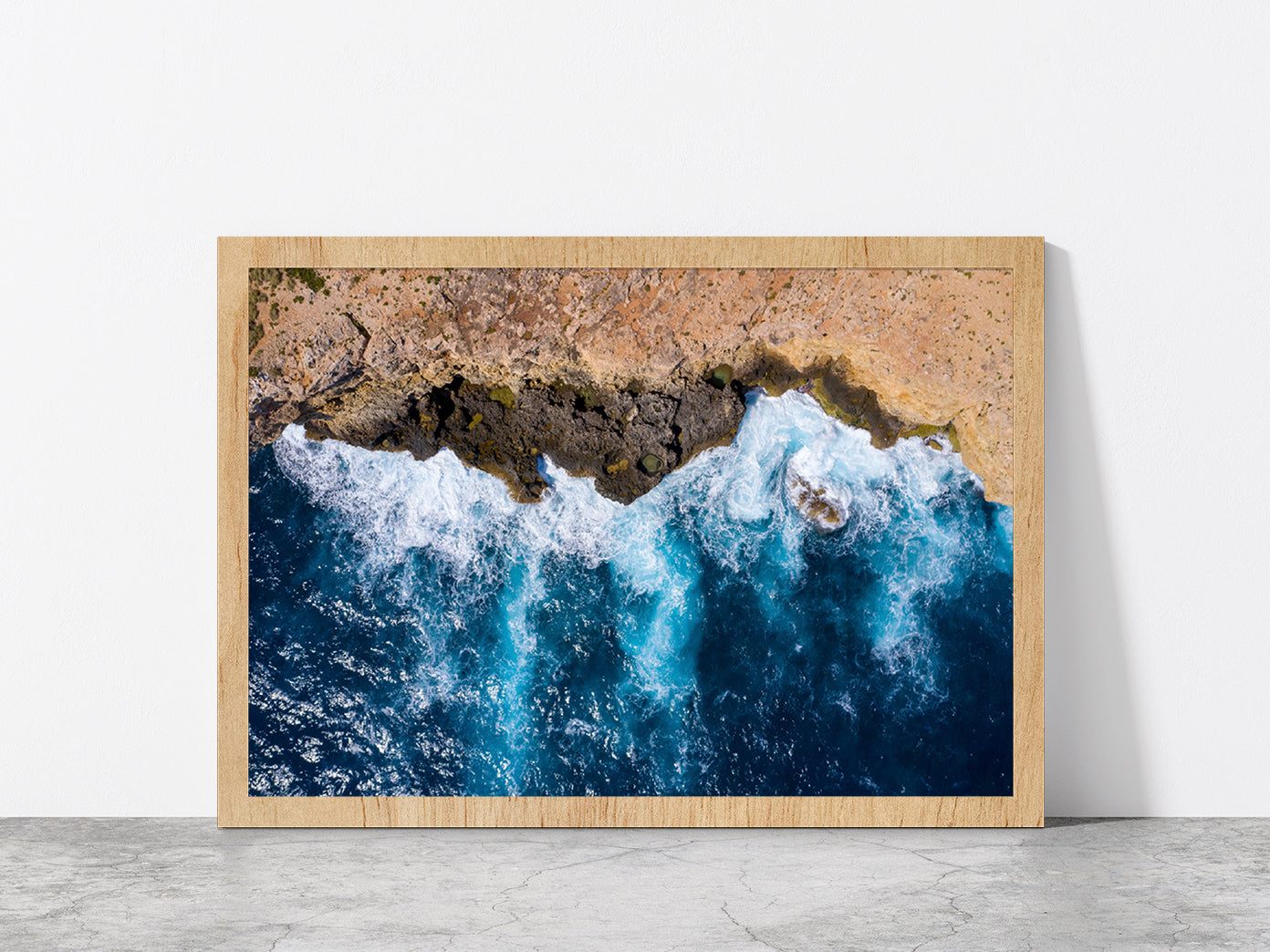 Sea Waves With Coast Glass Framed Wall Art, Ready to Hang Quality Print Without White Border Oak