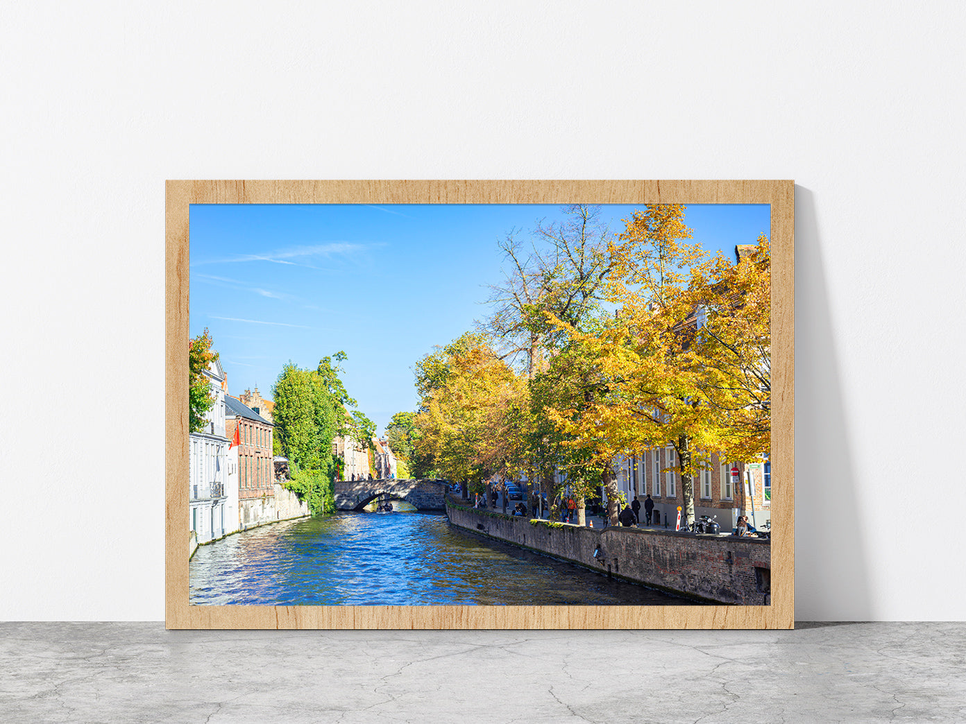 Water Of Canal In Town Of Bruges Glass Framed Wall Art, Ready to Hang Quality Print Without White Border Oak