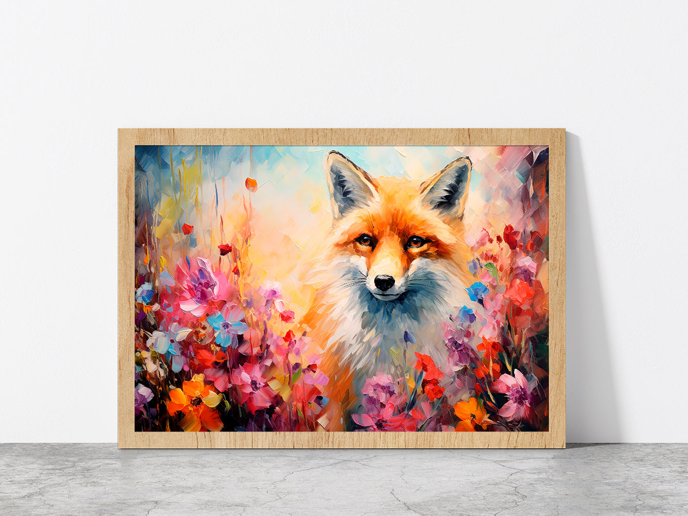 Fox In Flower Blossom Atmosphere Golden Colorful Glass Framed Wall Art, Ready to Hang Quality Print Without White Border Oak