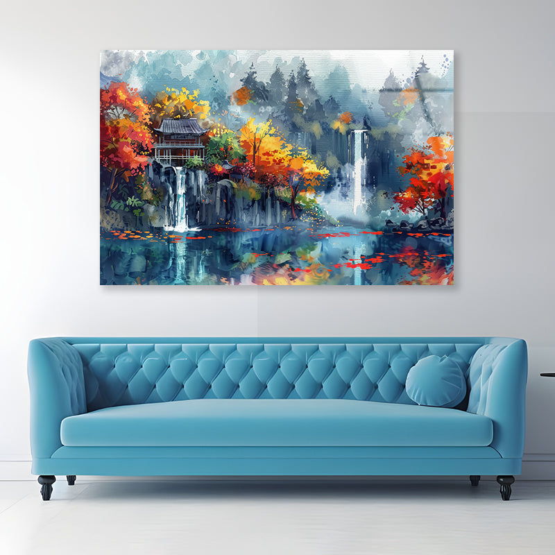 Waterfall, Trees & Building Acrylic Glass Print Tempered Glass Wall Art 100% Made in Australia Ready to Hang