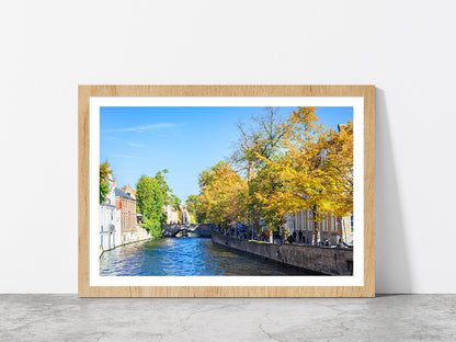 Water Of Canal In Town Of Bruges Glass Framed Wall Art, Ready to Hang Quality Print With White Border Oak