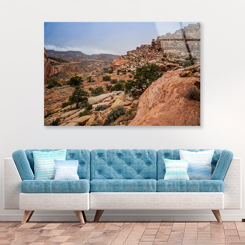 A Rocky Canyon with Trees & A Cloudy Sky Acrylic Glass Print Tempered Glass Wall Art 100% Made in Australia Ready to Hang