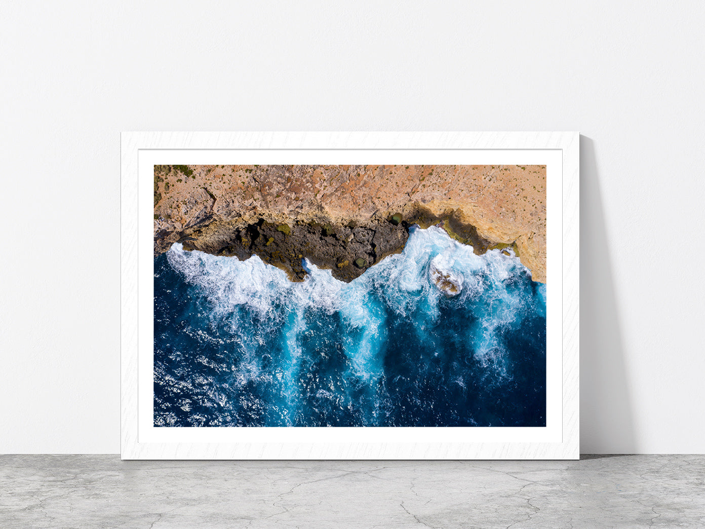 Sea Waves With Coast Glass Framed Wall Art, Ready to Hang Quality Print With White Border White