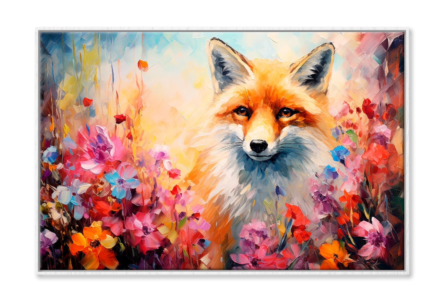 Fox In Flower Blossom Atmosphere Golden Colorful Oil Painting Wall Art Limited Edition High Quality Print Canvas Box Framed White