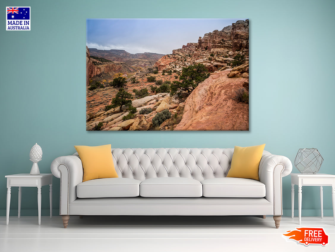 A Rocky Canyon with Trees & A Cloudy Sky Print 100% Australian Made