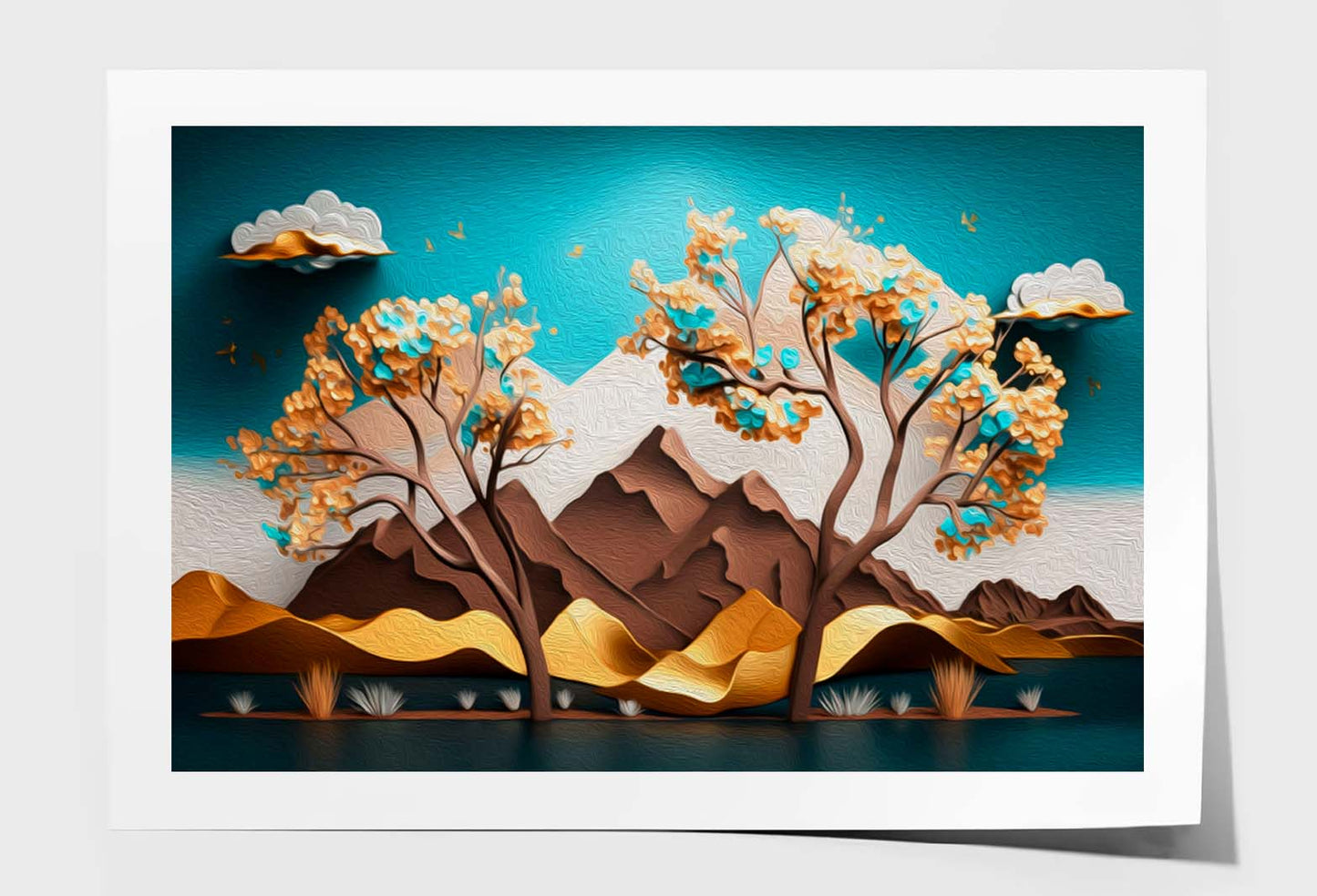 Brown Trees with Golden Flowers and Turquoise Mountains Wall Art Limited Edition High Quality Print