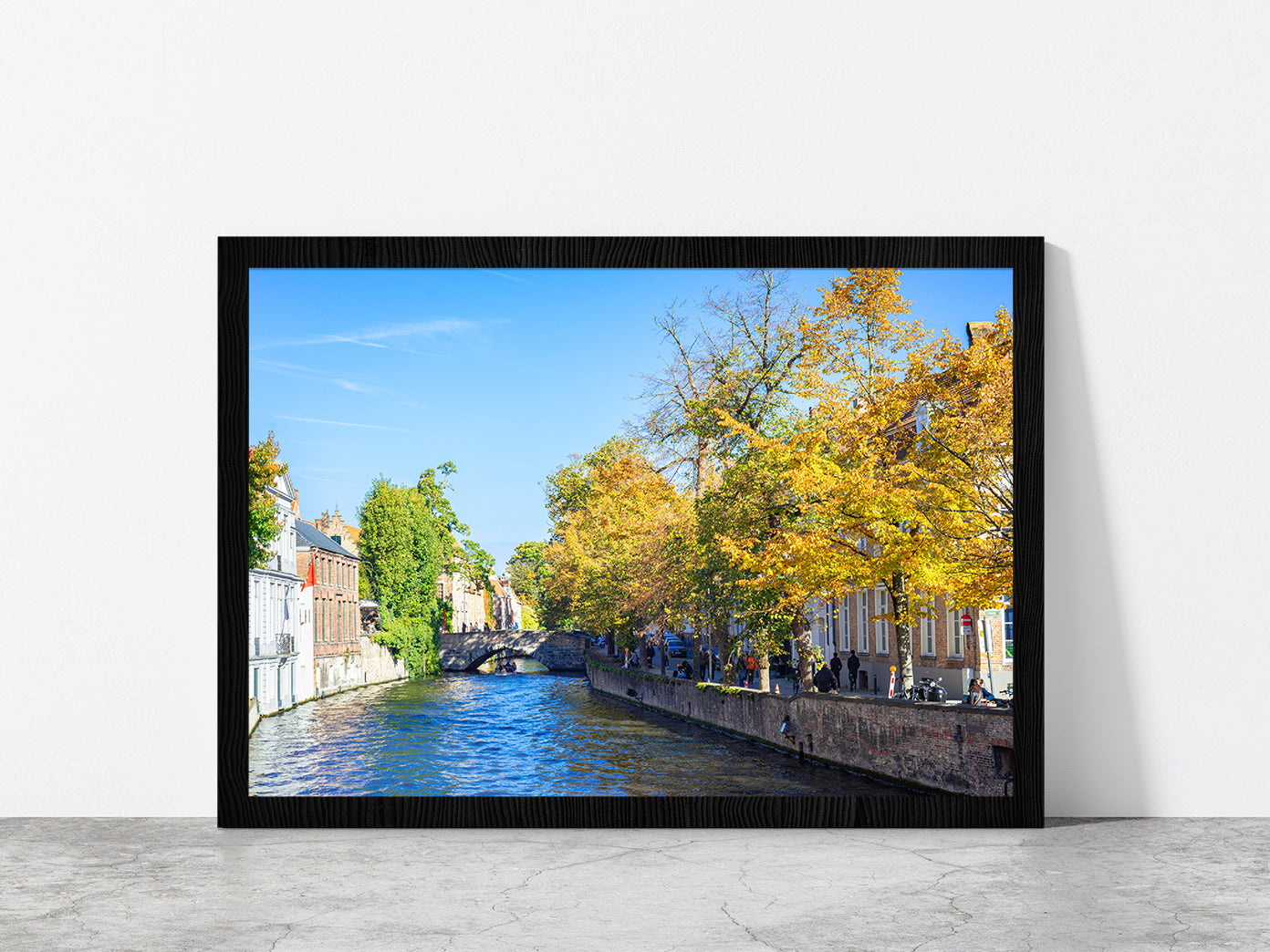 Water Of Canal In Town Of Bruges Glass Framed Wall Art, Ready to Hang Quality Print Without White Border Black