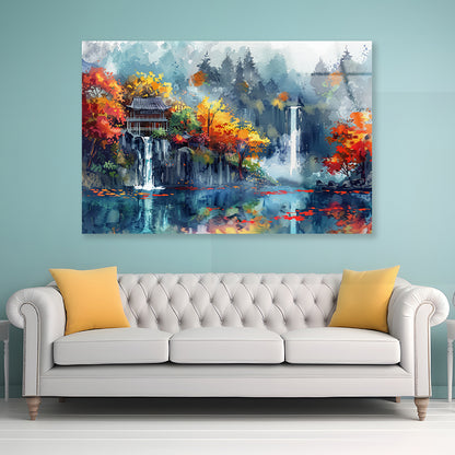 Waterfall, Trees & Building Acrylic Glass Print Tempered Glass Wall Art 100% Made in Australia Ready to Hang