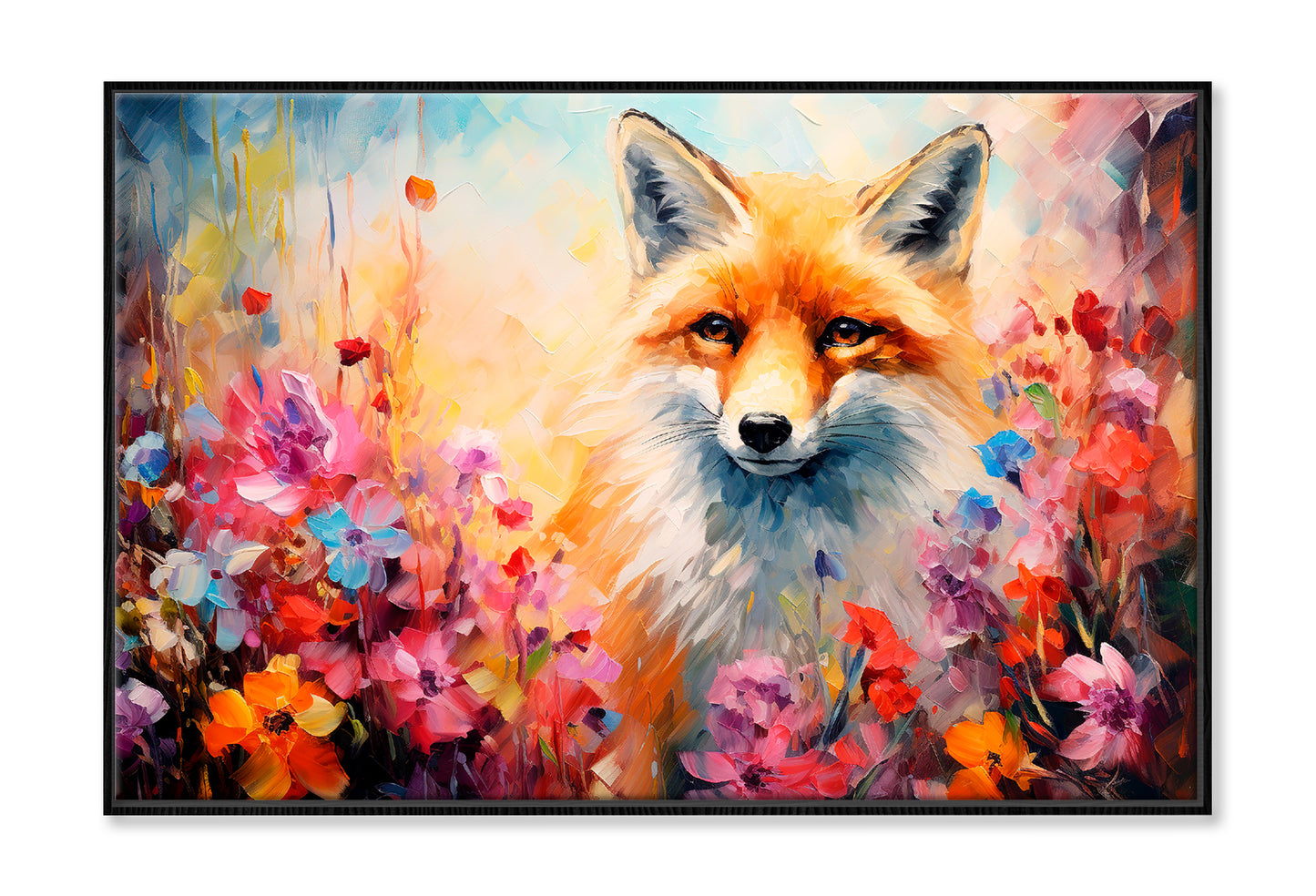 Fox In Flower Blossom Atmosphere Golden Colorful Oil Painting Wall Art Limited Edition High Quality Print Canvas Box Framed Black