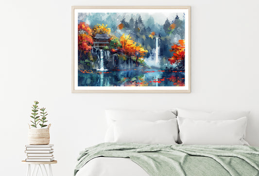 Waterfall, Trees & Building Home Decor Premium Quality Poster Print Choose Your Sizes