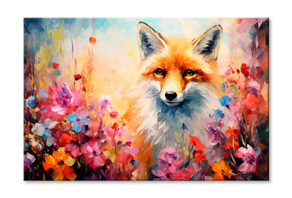 Fox In Flower Blossom Atmosphere Golden Colorful Oil Painting Wall Art Limited Edition High Quality Print Stretched Canvas None