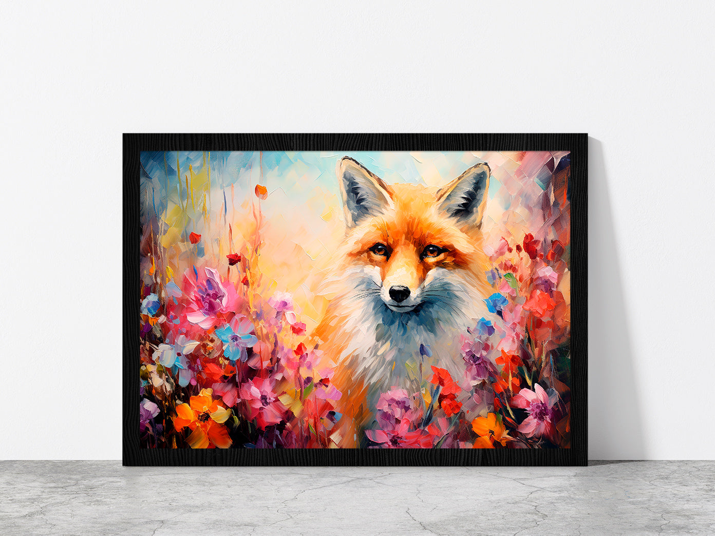 Fox In Flower Blossom Atmosphere Golden Colorful Glass Framed Wall Art, Ready to Hang Quality Print Without White Border Black