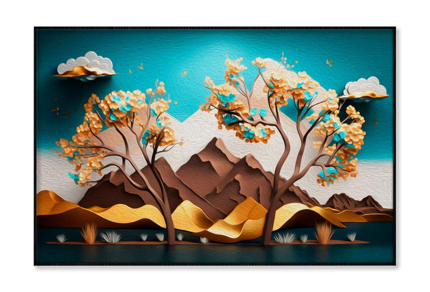 Brown Trees with Golden Flowers and Turquoise Mountains Wall Art Limited Edition High Quality Print