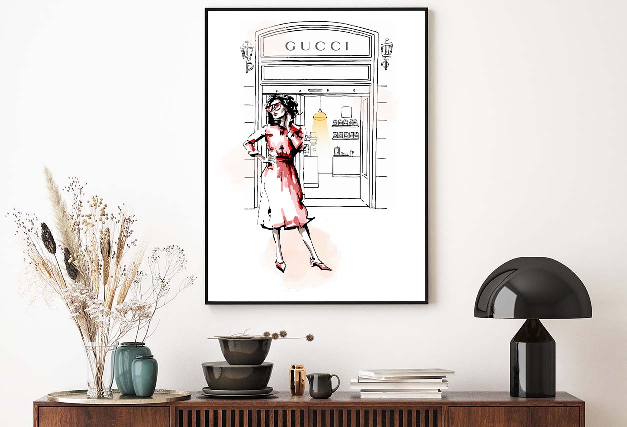 Red Lady with Fashion Store Design Home Decor Premium Quality Poster Print Choose Your Sizes