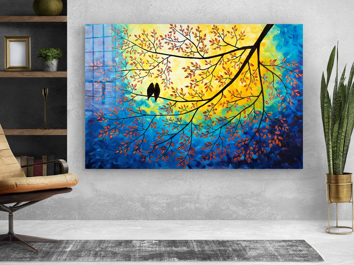 Birds on Tree Painting UV Direct Aluminum Print Australian Made Quality