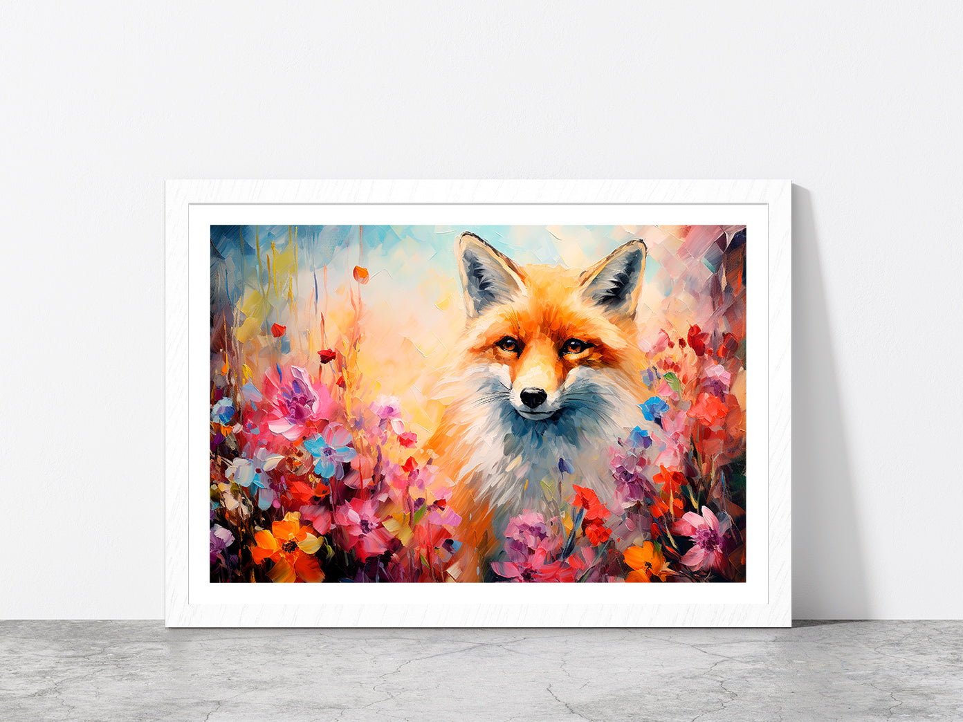 Fox In Flower Blossom Atmosphere Golden Colorful Glass Framed Wall Art, Ready to Hang Quality Print With White Border White