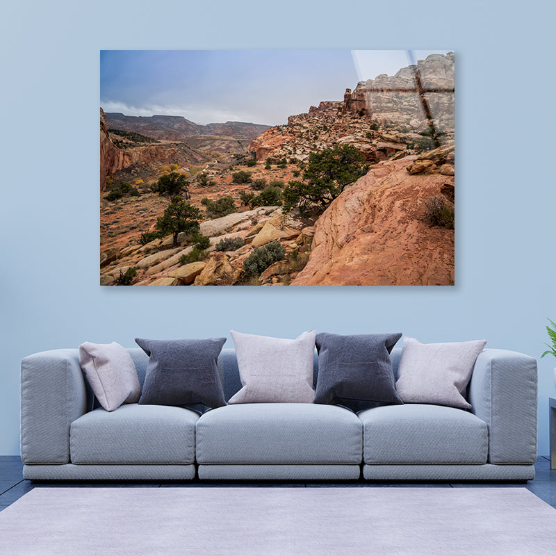 A Rocky Canyon with Trees & A Cloudy Sky Acrylic Glass Print Tempered Glass Wall Art 100% Made in Australia Ready to Hang