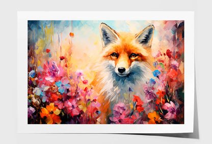 Fox In Flower Blossom Atmosphere Golden Colorful Oil Painting Wall Art Limited Edition High Quality Print Unframed Roll Canvas None