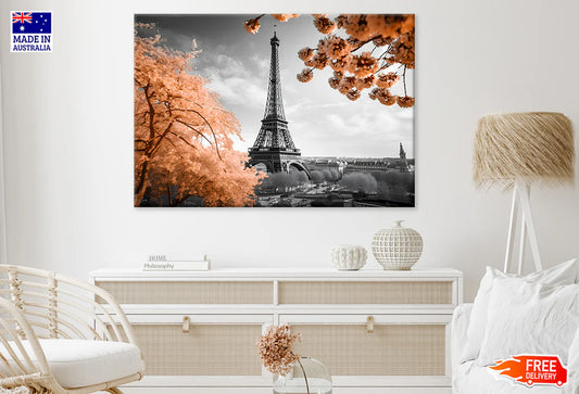 B&W Eiffel Tower Faded Flower Trees 90x60cm Print 100% Australian Made