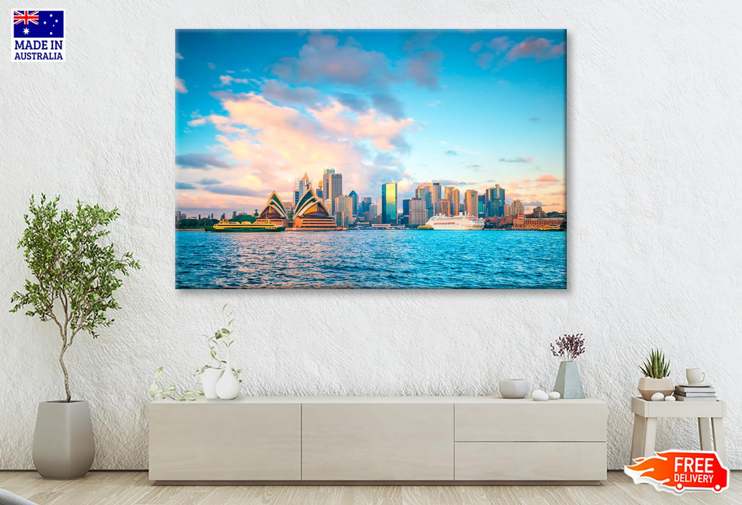 Boat in The Water Near a City Wall Art Decor 100% Australian Made