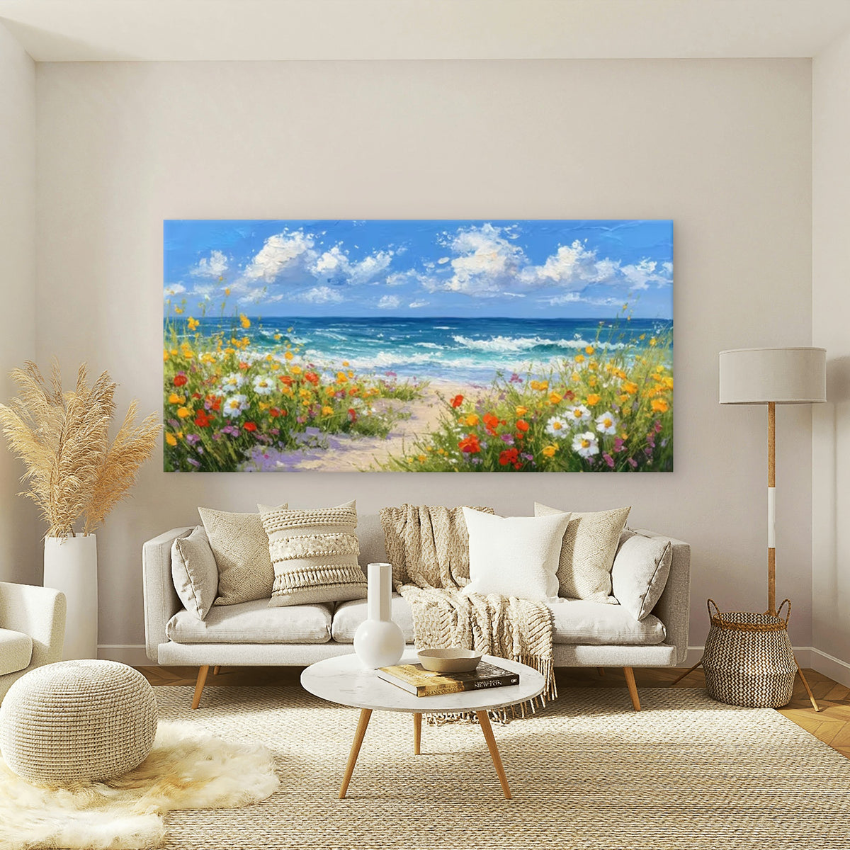 Sea & Floral Shoreline Wall Art Canvas Office Home Room Framed 120x60cm