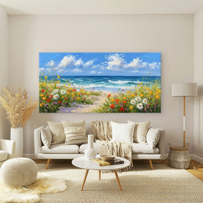 Sea & Floral Shoreline Wall Art Canvas Office Home Room Framed 120x60cm