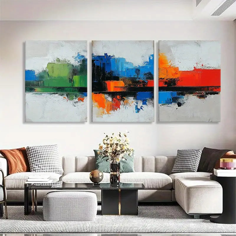 3pcs Bold Abstract Vibrant Blue, Green, Red, and Orange Metal Print Ready to Hang Art