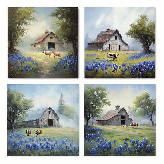 4pcsRustic Green Farmhouse Wall Art Canvas Framed