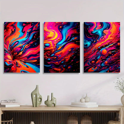 3pcs Abstract Fluid Vibrant Blue Red Classic Design Metal Print Ready to Hang Art
