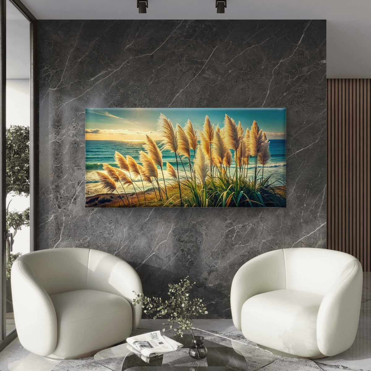 Pampas Grass Swaying Sea Wall Art Canvas Office Home Room Framed 120x60cm