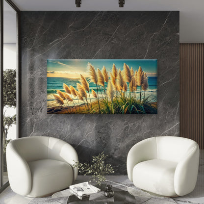 Pampas Grass Swaying Sea Wall Art Canvas Office Home Room Framed 120x60cm