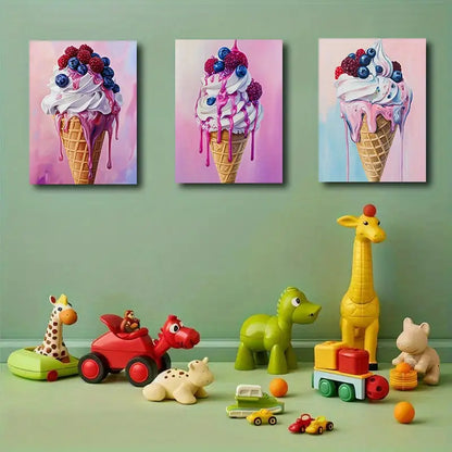 3pcs Ice Cream Cone Design With Pink & Swirls Metal Print Ready to Hang Art