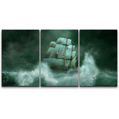 3pcs Ghost Ship At Sea, Dramatic Green Tones Metal Print Ready to Hang Art