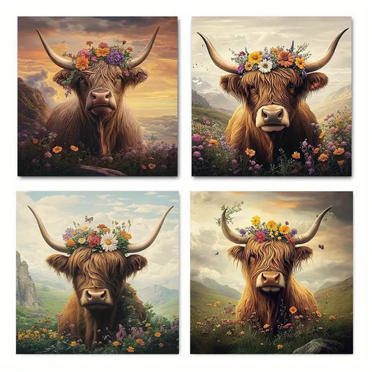 4pcs Highland Cow Flower Vintage  HC  Wall Art Canvas Framed