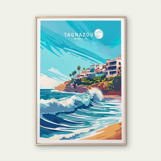 Taghazout Morocco Beach Waves and Houses Travel Poster Print Wall Art