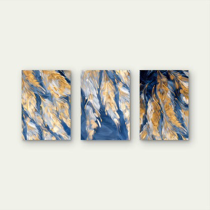 3pcs Abstract Gold Feather Navy Blue Metal Print Ready to Hang Art