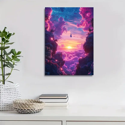 Whimsical Rabbit & Glowing Sunset Sky Painting 40x60cm Metal Print Ready to Hang