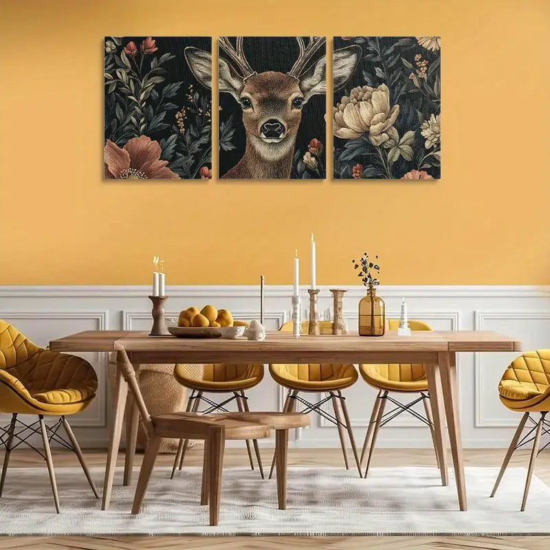 3pcs Nature Scene with Stag and Wildflowers & Deer Metal Print Ready to Hang Art