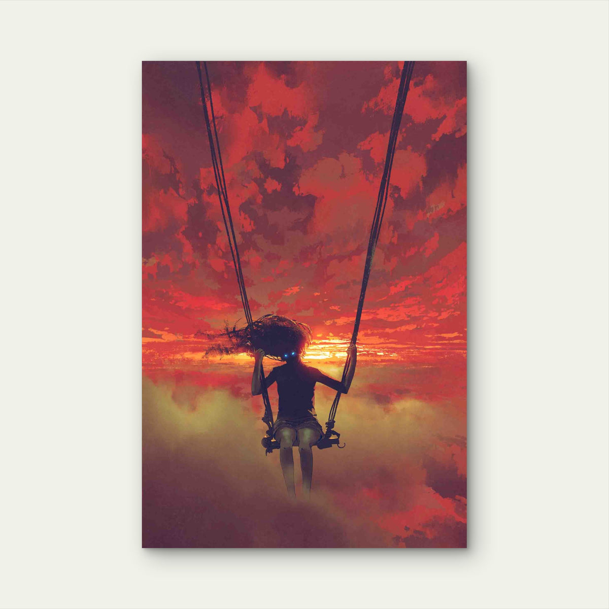 Mysterious Woman Sitting on the Swing in the Sky Metal Print Ready to Hang