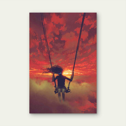 Mysterious Woman Sitting on the Swing in the Sky Metal Print Ready to Hang
