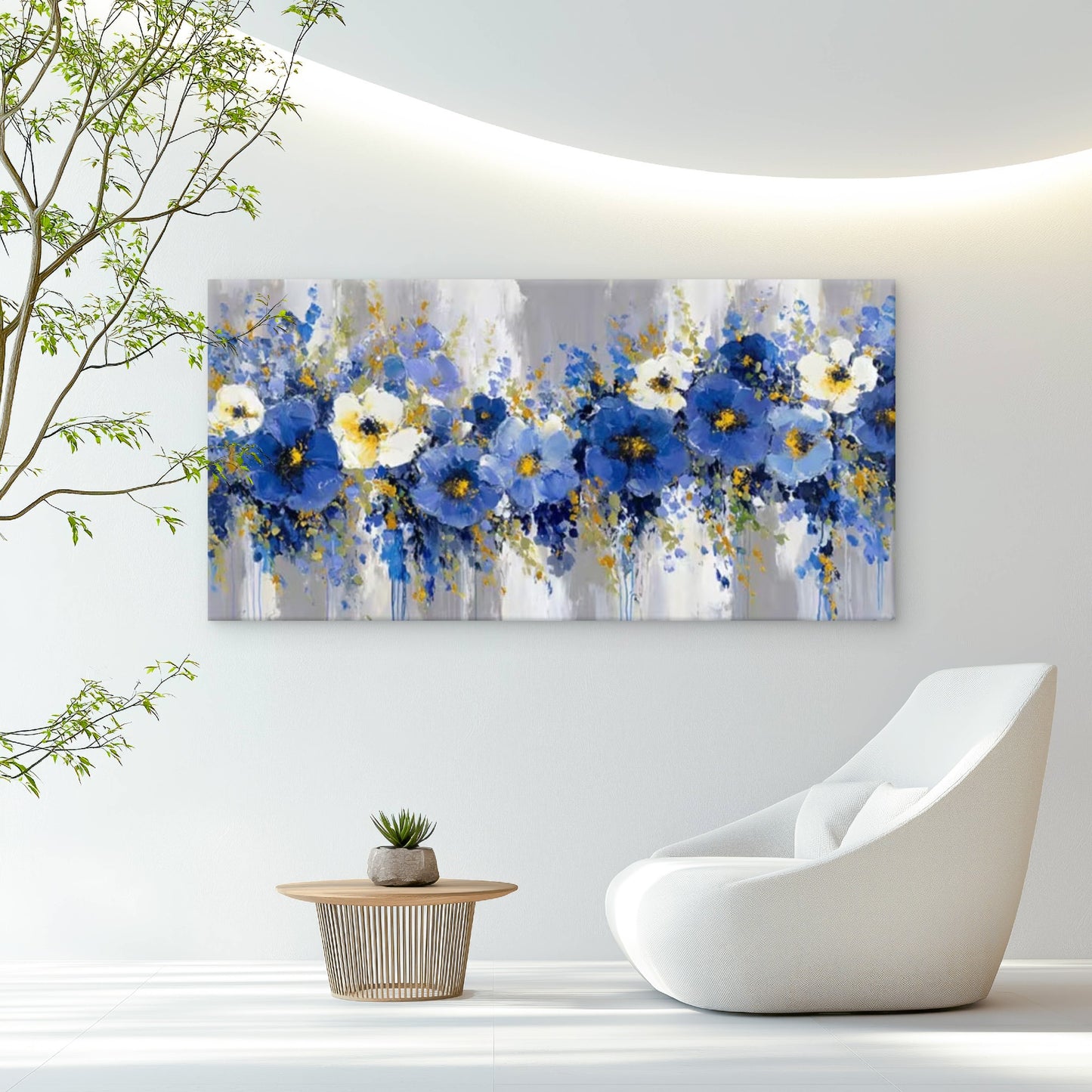 Blue & Golden Abstract Floral Wall Art Canvas Office Home Room Framed 120x60cm