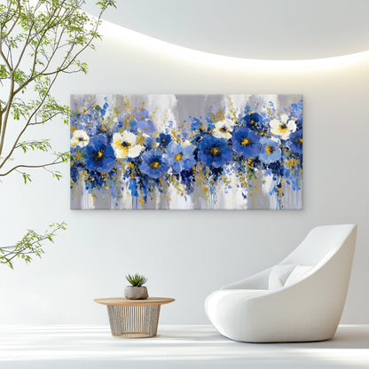 Blue & Golden Abstract Floral Wall Art Canvas Office Home Room Framed 120x60cm