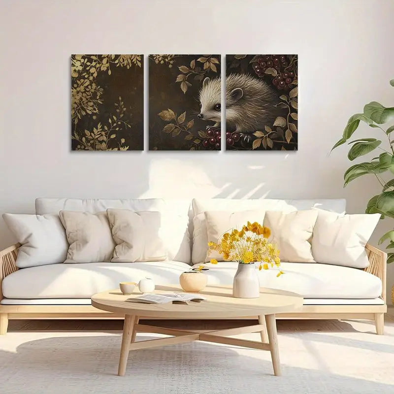 3pcs Cute Hedgehog Charming Animal Design with Floral Metal Print Ready to Hang Art