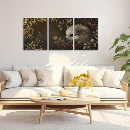 3pcs Cute Hedgehog Charming Animal Design with Floral Metal Print Ready to Hang Art