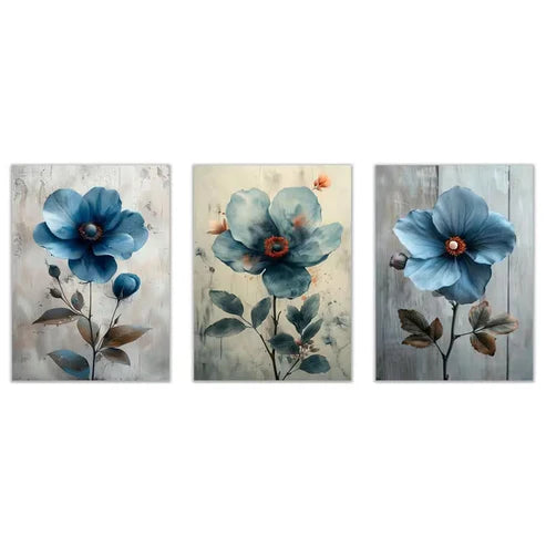 3pcs Modern Bohemian Blue And Gray Flowers Wall Art Set Canvas Framed 50x70cm - High Quality Print 100% Australian Made Wall Canvas Ready to Hang