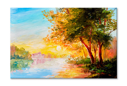 River In The Spring Forest With Sunset Oil Painting Wall Art Limited Edition High Quality Print Stretched Canvas None