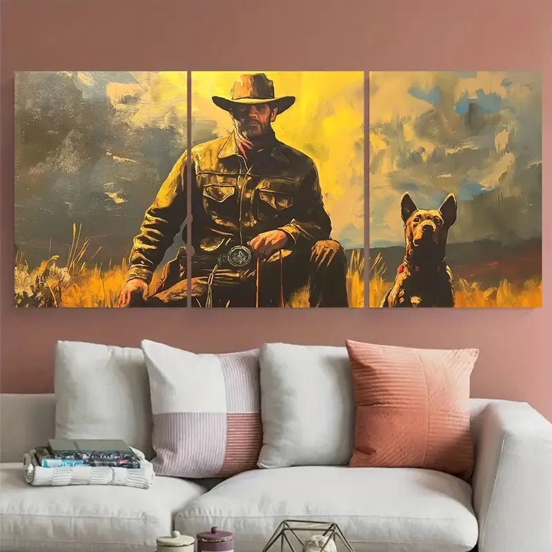 3pcs Vintage Cowboy with Dog Western Metal Print Ready to Hang Art